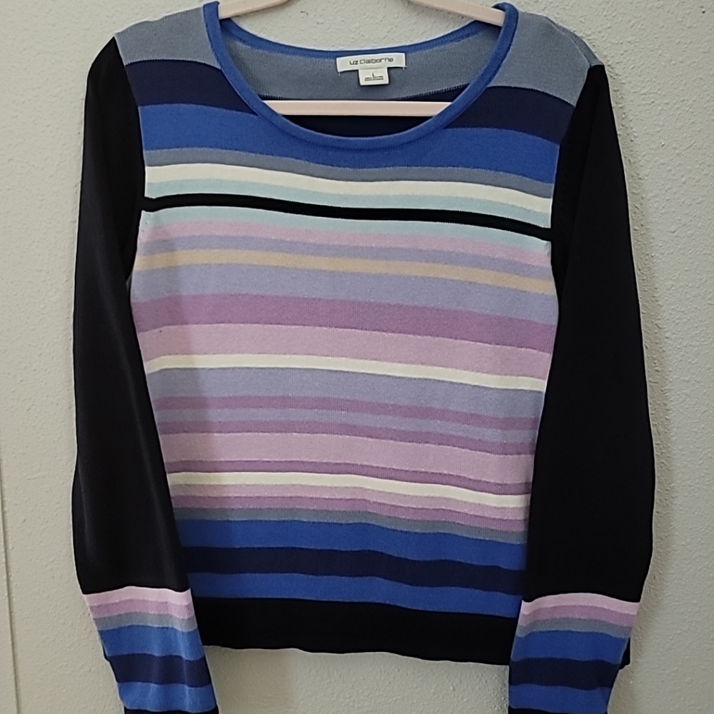 Liz Clayborne Pastel & Black Stripe 100% Cotton Sweater Size Large